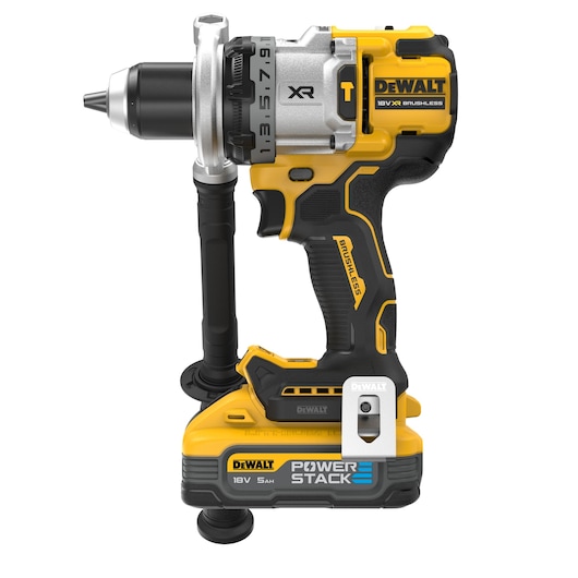 Side view of 18V XR Brushless Premium Hammer Drill Driver with side handle and 5.0Ah Powerstack battery attached