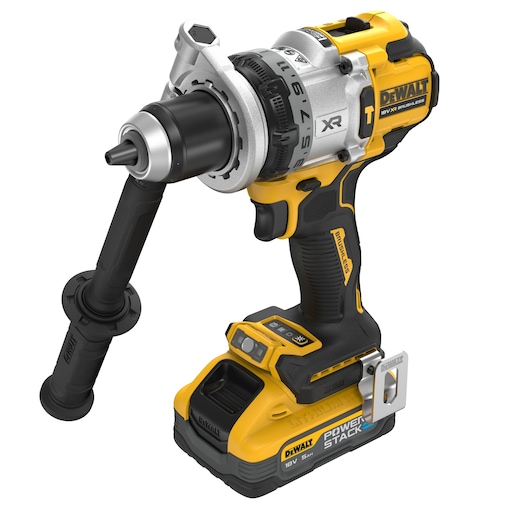 18V XR Brushless Premium Hammer Drill Driver with side handle and 5.0Ah Powerstack battery attached