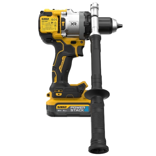 Back view of 18V XR Brushless Premium Hammer Drill Driver with side handle and 5.0Ah Powerstack battery attached