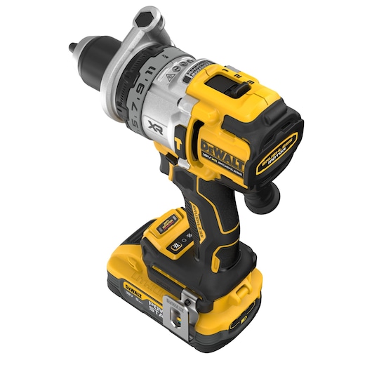 Overhead view of bare unit 18V XR Brushless Premium Hammer Drill Driver with side handle and 5.0Ah Powerstack battery attached