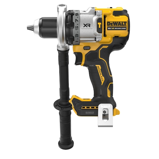 Side view of bare unit 18V XR Brushless Premium Hammer Drill Driver with side handle attached