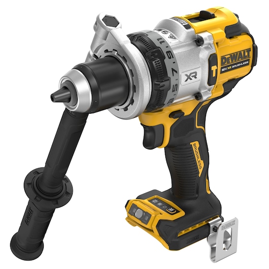 Angled view of bare unit 18V XR Brushless Premium Hammer Drill Driver with side handle attached