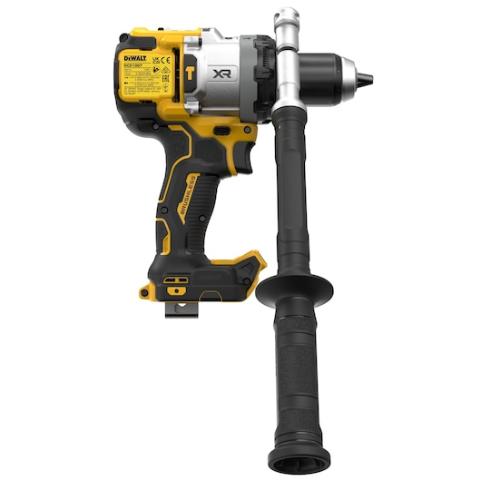 Back view of bare unit 18V XR Brushless Premium Hammer Drill Driver with side handle attached