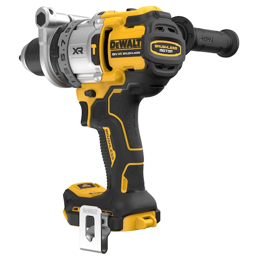 Angled back view of bare unit 18V XR Brushless Premium Hammer Drill Driver with side handle attached