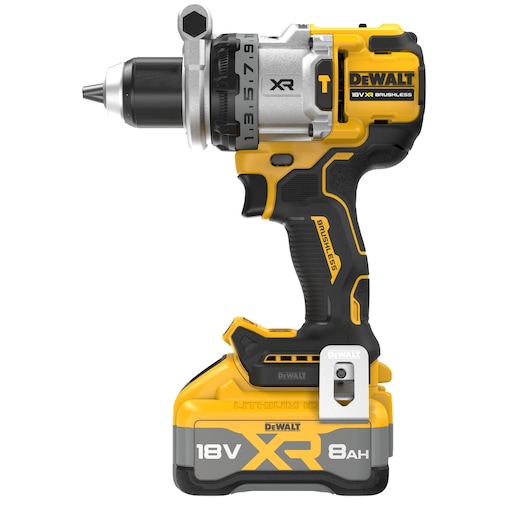 Side front view of 18V XR Brushless Premium Hammer Drill Driver with 8Ah battery