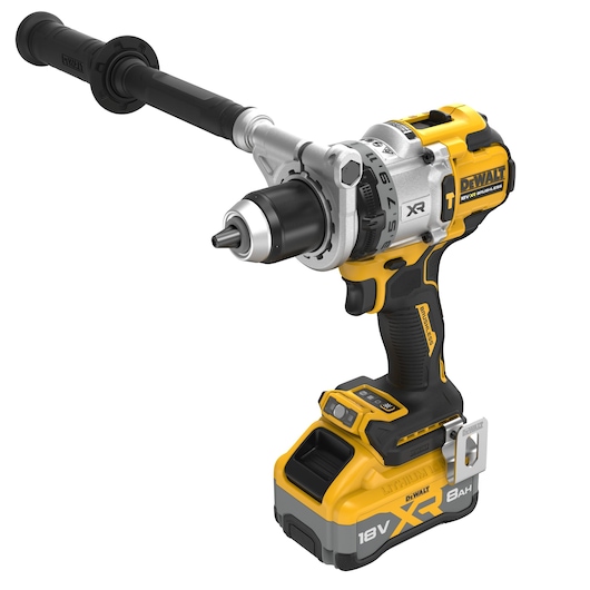 Angled view of 18V XR Brushless Premium Hammer Drill Driver with side handle with 8Ah battery