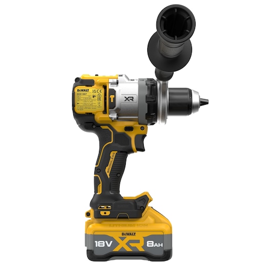 Side back view of 18V XR Brushless Premium Hammer Drill Driver with 8Ah battery