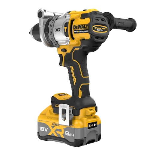 Angled back view of 18V XR Brushless Premium Hammer Drill Driver with side handle with 8Ah battery