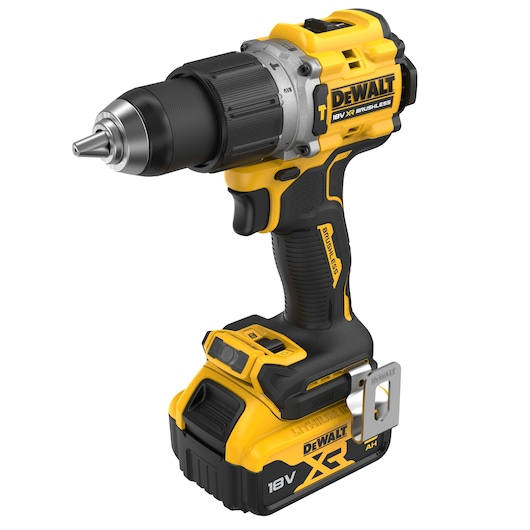 18V XR Brushless Hammer Drill Driver with 5.0Ah battery angled front view