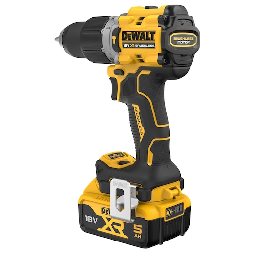 18V XR Brushless Hammer Drill Driver with 5.0Ah battery angled rear view