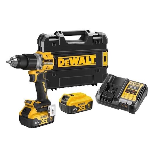 Kit including hammer drill DCD805 with x2 18V XR 5AH batteries (DCB184), charger (DCB1104) and Tstak kitbox