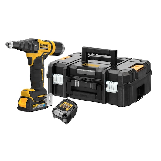 18V XR BRUSHLESS 4.8mm Rivet Tool with 1x POWERSTACK G-Class compact battery, charger and TSTAK kitbox