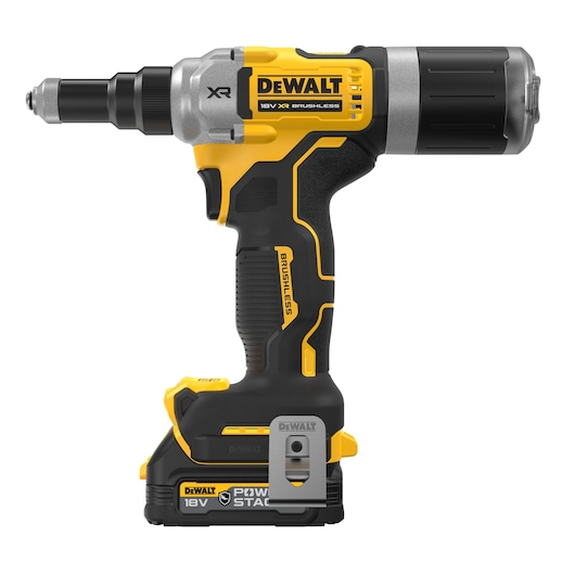 18V XR BRUSHLESS 6.4mm Rivet Tool right side view (with POWERSTACK G-Class compact battery)