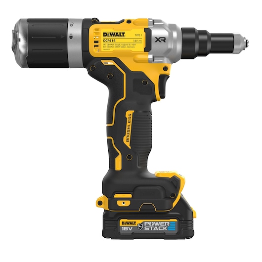 18V XR BRUSHLESS 6.4mm Rivet Tool left side view (with POWERSTACK G-Class compact battery)