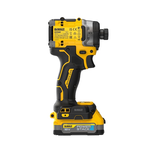 18V XR 4 Speed Premium Impact Driver with Powerstack battery left side view