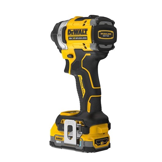 18V XR 4 Speed Premium Impact Driver with Powerstack battery view from back of too