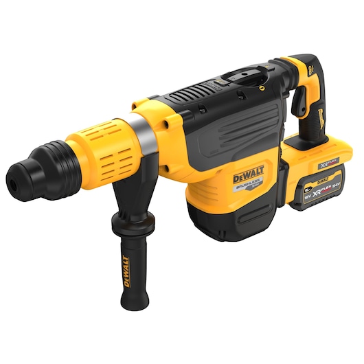 Profile of 60 volt 2 inch brushless cordless SDS combination rotary hammer kit.