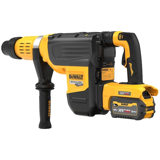 Profile of 60 volt 2 inch brushless cordless SDS combination rotary hammer kit.