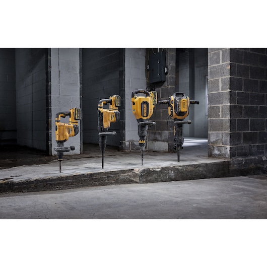 staged shot of demolition hammers featuring DCH832, DCH892, DCH911 and DCH966 