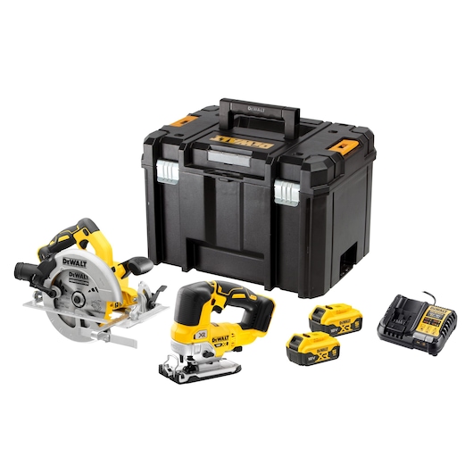 Kit including Tstak VI box, DCS334 top handle jigsaw, DCS570 circular saw, x2 DCB184 5.0Ah batteries and DCB1104 charger