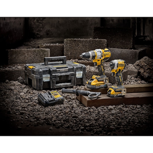 Kit including DCD999 Combi Drill, DCF850 Compact Impact Driver, 1 x 5.0Ah Powerstack battery, 1 x 1.7AH Powerstack battery, DCB1104 charger, TSTAK Case and side handle