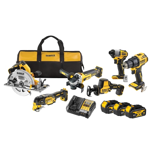 Kit image featuring DCD708 Compact Drill Driver, DCF840 Impact Driver, DCS356 Oscillating Speed Multi-Tool, DCS572 Circular Saw, DCS369 Compact Reciprocating Saw, DCG405 Angle Grinder, DCB182 x3 4Ah battery, DCB1104 Multi-Voltage Chargerand Soft Bag 659584-00.