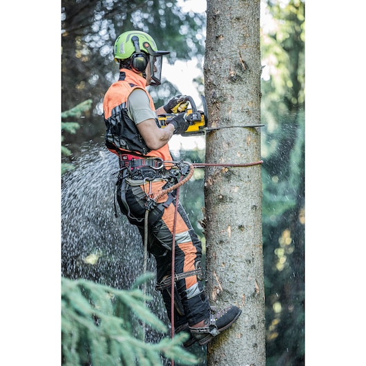 Side view of the arborist at height harnessed to to tree sawing with the DCMCST635 Top Handle Chainsaw