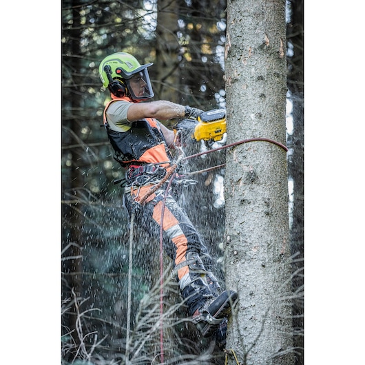 Arborist harnessed to tree using the DCMCST635 Top Handle Chainsaw