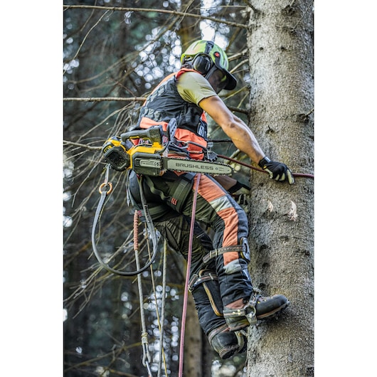 Arborist at height harnessed to tree, with the DCMCST635 Top Handle Chainsaw, hands on harness