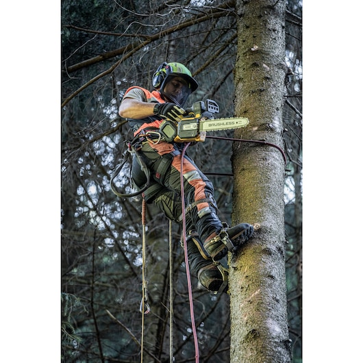 Arborist at height harnessed to tree holding the Top Handle Chainsaw