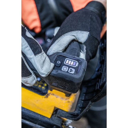 Close up view of LED display on 54V Top Handle Chainsaw switched on