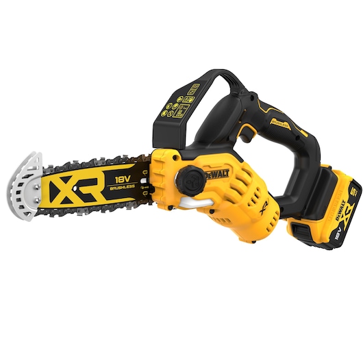 8V XR Brushless Chain Saw with 5ah battery 3/4 view