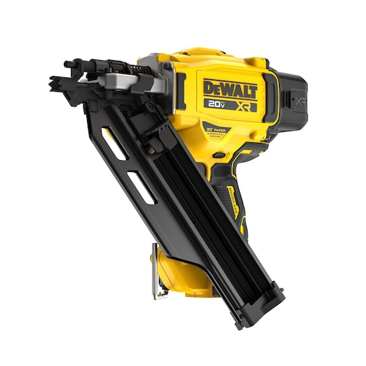 DEWALT® 20V MAX* XR® 30 gauge Framing Nailer with battery at a 3/4 front facing angle