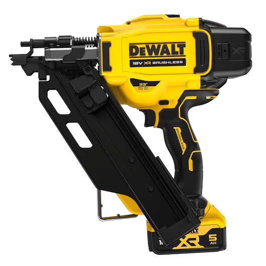 Front side  view of  DCN930 18V XR Brushless framing nailer with 5Ah 18V XR battery