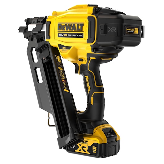 Rear angled view of DCN930 18V XR Brushless framing nailer with 5Ah 18V XR battery