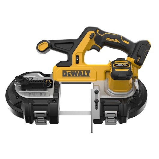 DEWALT 18V MAX XR Mid-Size Bandsaw viewed straight on showing the front of the tool