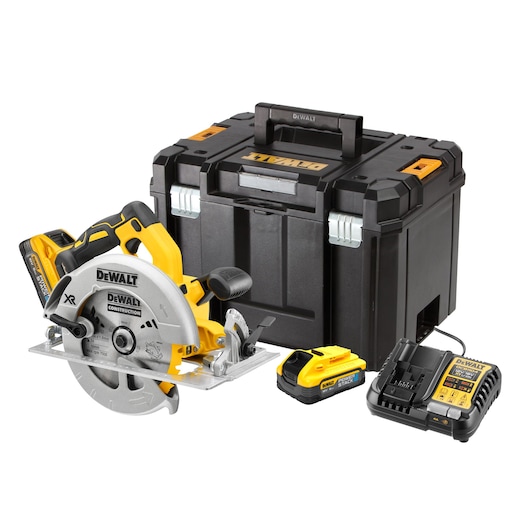 18V XR Brushless Circular Saw, Powerstack battery, charger and Tstak case on white background