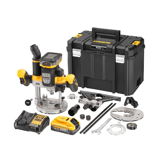 Kit including 18V XR Brushless 12mm Plunge Router, Powerstack battery, charger, accessories and Tstak case