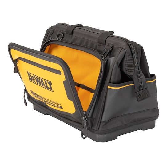 Angle view of an open Dewalt 16" Pro Open Mouth Tool Bag"