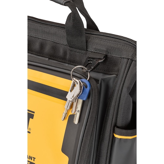 Close up of keyring feature on Dewalt 16" Pro Open Mouth Tool Bag"