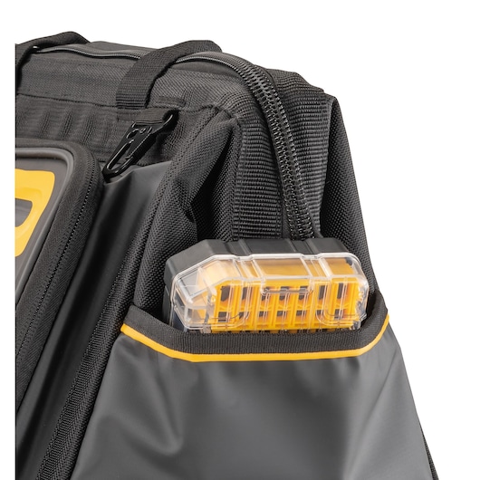 Close up of side pocket on Dewalt 16" Pro Open Mouth Tool Bag"