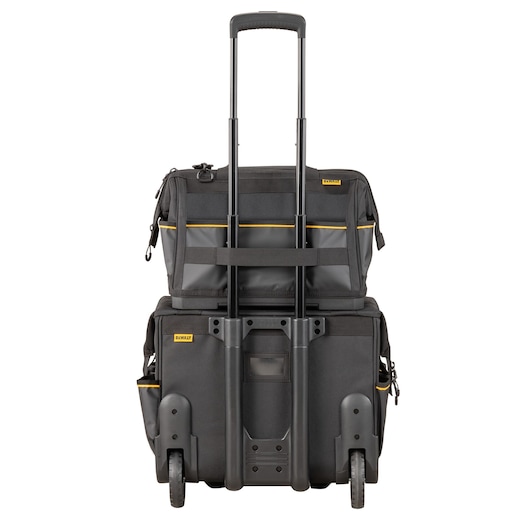 Back view of Dewalt 16" Pro Open Mouth Tool Bag on top of rolling tool bag"