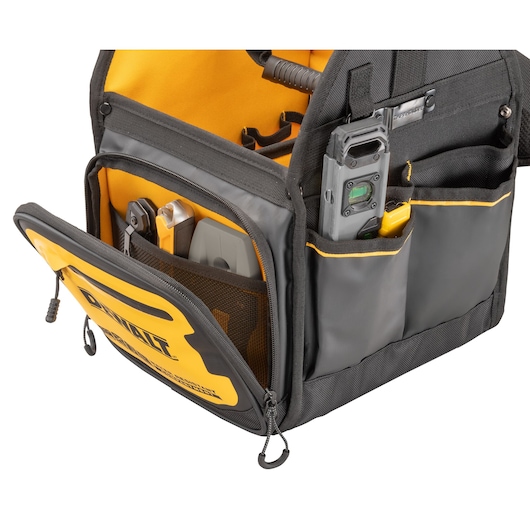 Close up of the open side pocket on the Dewalt 11" Pro Electrician Tote"