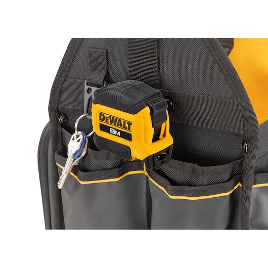 Close up of key ring and tape holder on Dewalt 11" Pro Electrician Tote