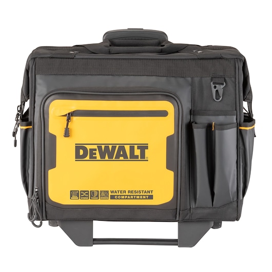 Front view of Dewalt 18" Pro Rolling Tool Bag, with handle collapsed "