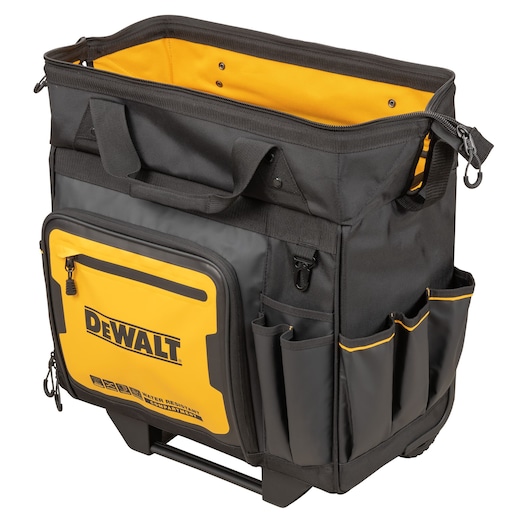 Angle view of an open Dewalt 18" Pro Rolling Tool Bag  "