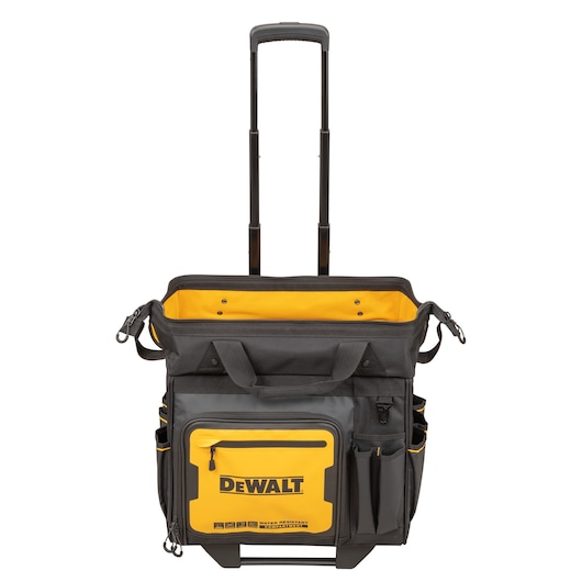 Front view of Dewalt 18" Pro Rolling Tool Bags stacked on top of another tool bag"