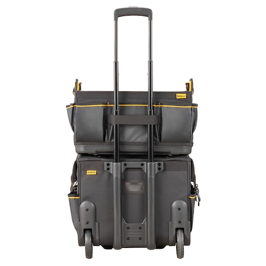 Back view of Dewalt 18" Pro Rolling Tool Bags stacked on top of another tool bag"